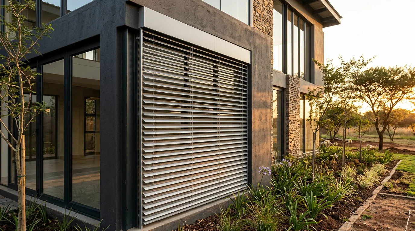 External venetian blinds mounted outside the glass on a west-facing window of a new estate home, wide aluminium slats held in slim vertical side guides and tilted against the low late-afternoon sun