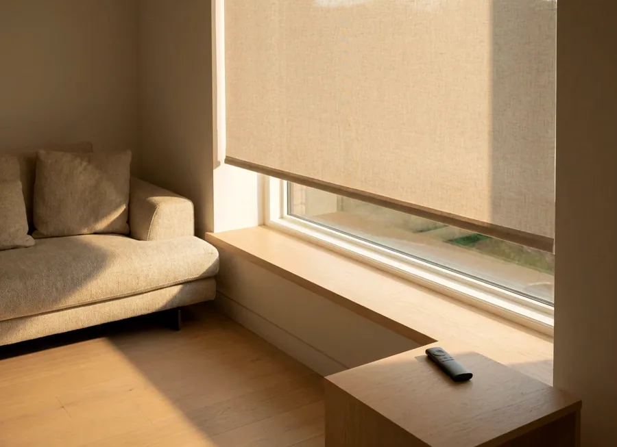 Motorised roller blind half-lowered on a living room window, remote control on the side table