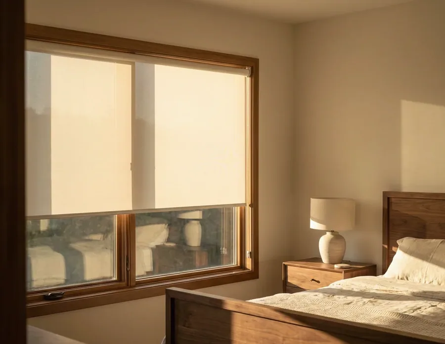 Sunscreen roller blind lowered on a bedroom window in a new Helderfontein Estate home