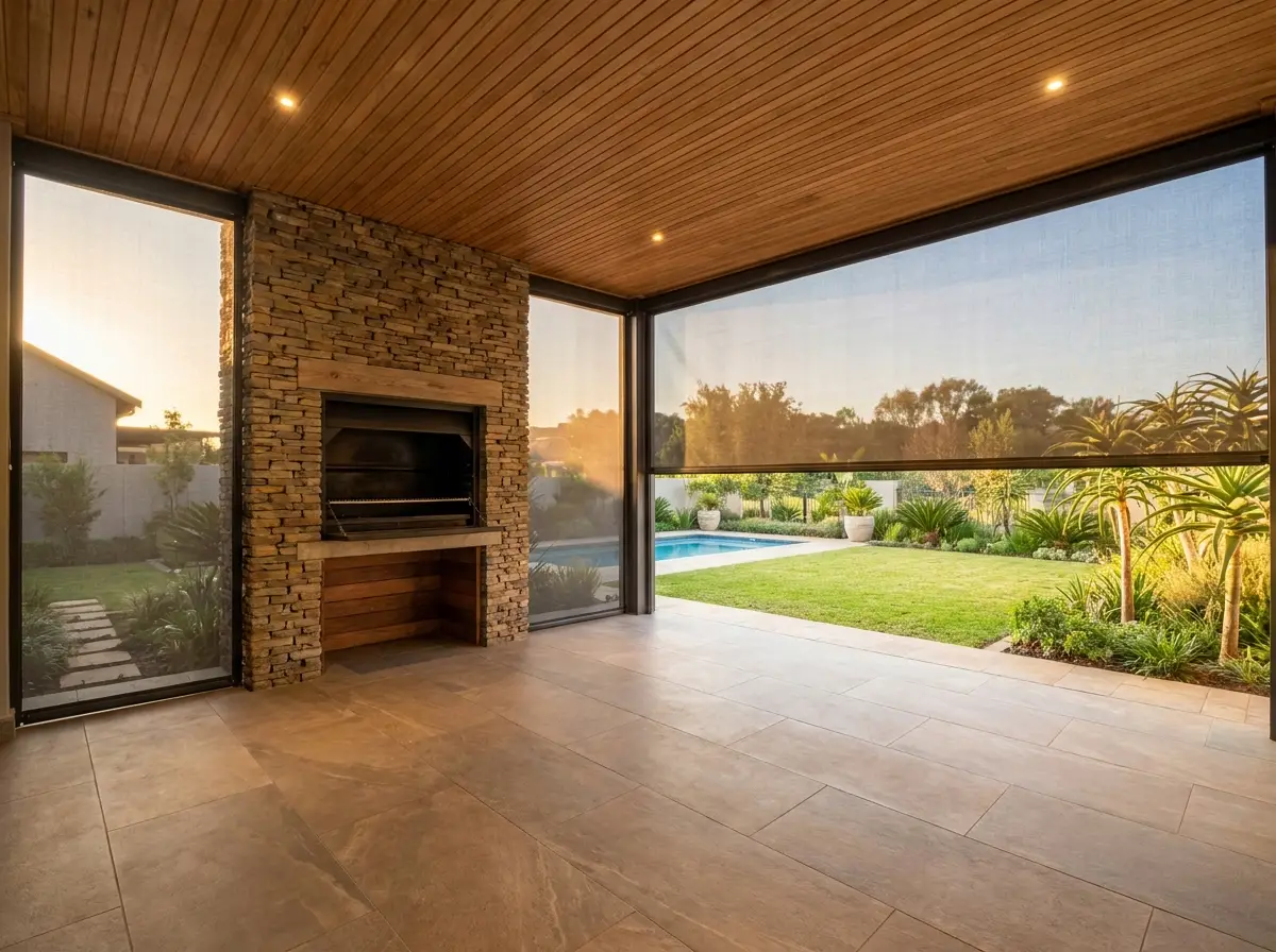 Covered braai patio of a Helderfontein Estate home with zip screens lowered against the evening sun, pool and new garden beyond